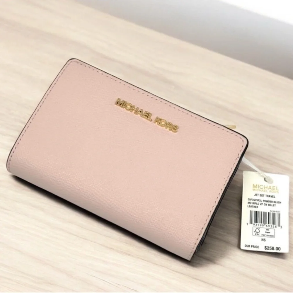 Michael Kors Medium Jet Set Travel Zip Chain Bifold Wallet Leather Powder Blush